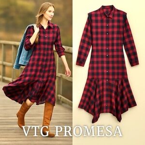 Promesa,Promenade,USA,Red Navy Plaid Cotton Button-Front Flare Midi Dress,Size L